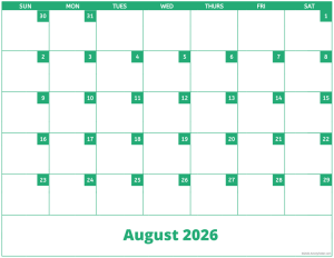August 2026 activity calendar for activity directors