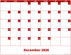 December 2026 activity calendar for activity directors