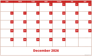 December 2026 activity calendar for activity directors