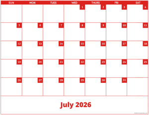 July 2026 activity calendar for activity directors