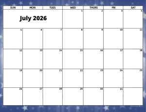July 2026 activity calendar for activity directors