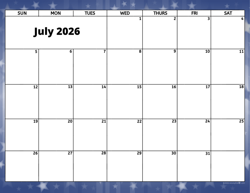 July 2026 activity calendar for activity directors