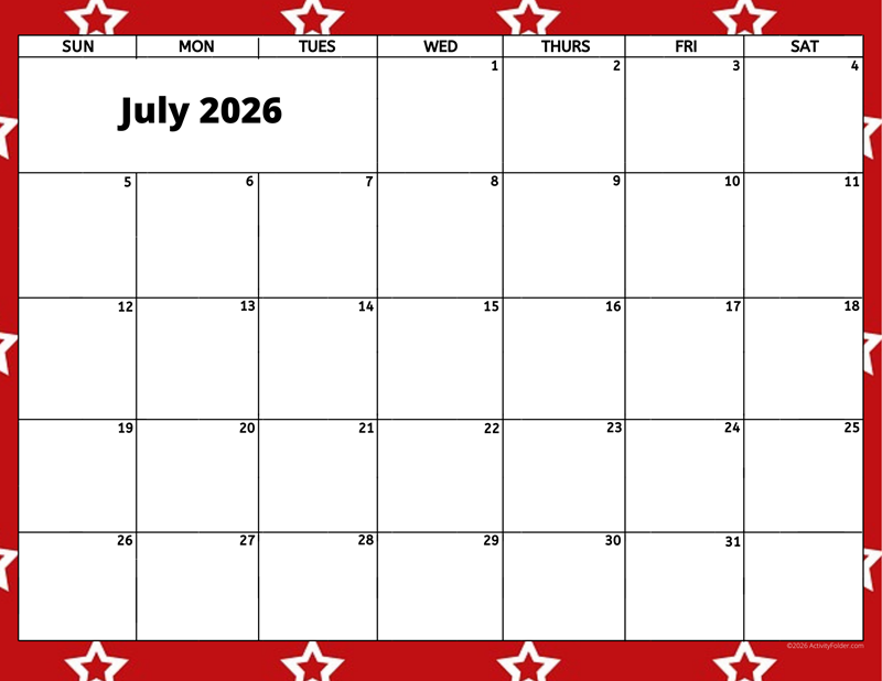 July 2026 activity calendar for activity directors