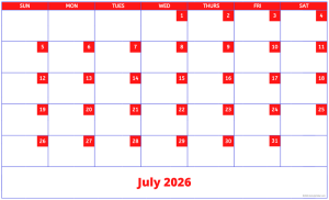 July 2026 activity calendar for activity directors