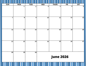 June 2026 activity calendar for activity directors