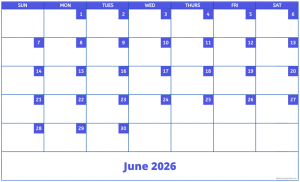 June 2026 activity calendar for activity directors