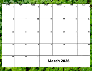 March 2026 activity calendar for activity directors