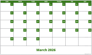 March 2026 activity calendar for activity directors