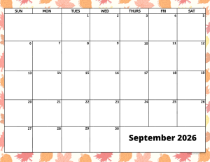 September 2026 activity calendar for activity directors