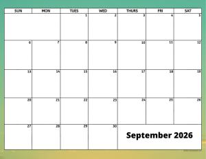 September 2026 activity calendar for activity directors