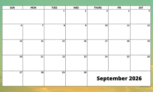 September 2026 activity calendar for activity directors